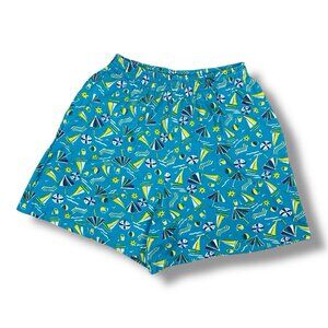 Vtg 80s 90s AOP Beach Casual Cotton Shorts Sailboats Aqua Yellow Sz M Pockets